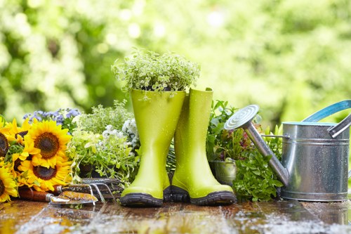 Modern Purley landscape design with pathways, borders, and greenery