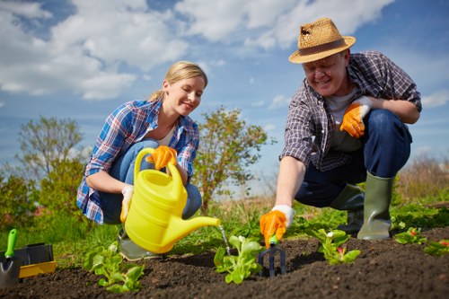 Team using equipment safely during a landscaping project